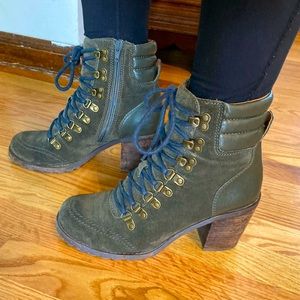 Lucky Brand “Joss” Green Suede Chunky Ankle Boots